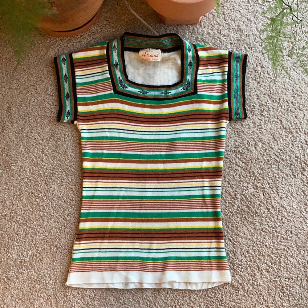 Vintage “Adriana New York” knit short sleeve shirt, southwest stripes circa 1970